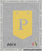 A taped needlepoint canvas with the design: Banner 13 mesh count Pointed P White on Yellow.