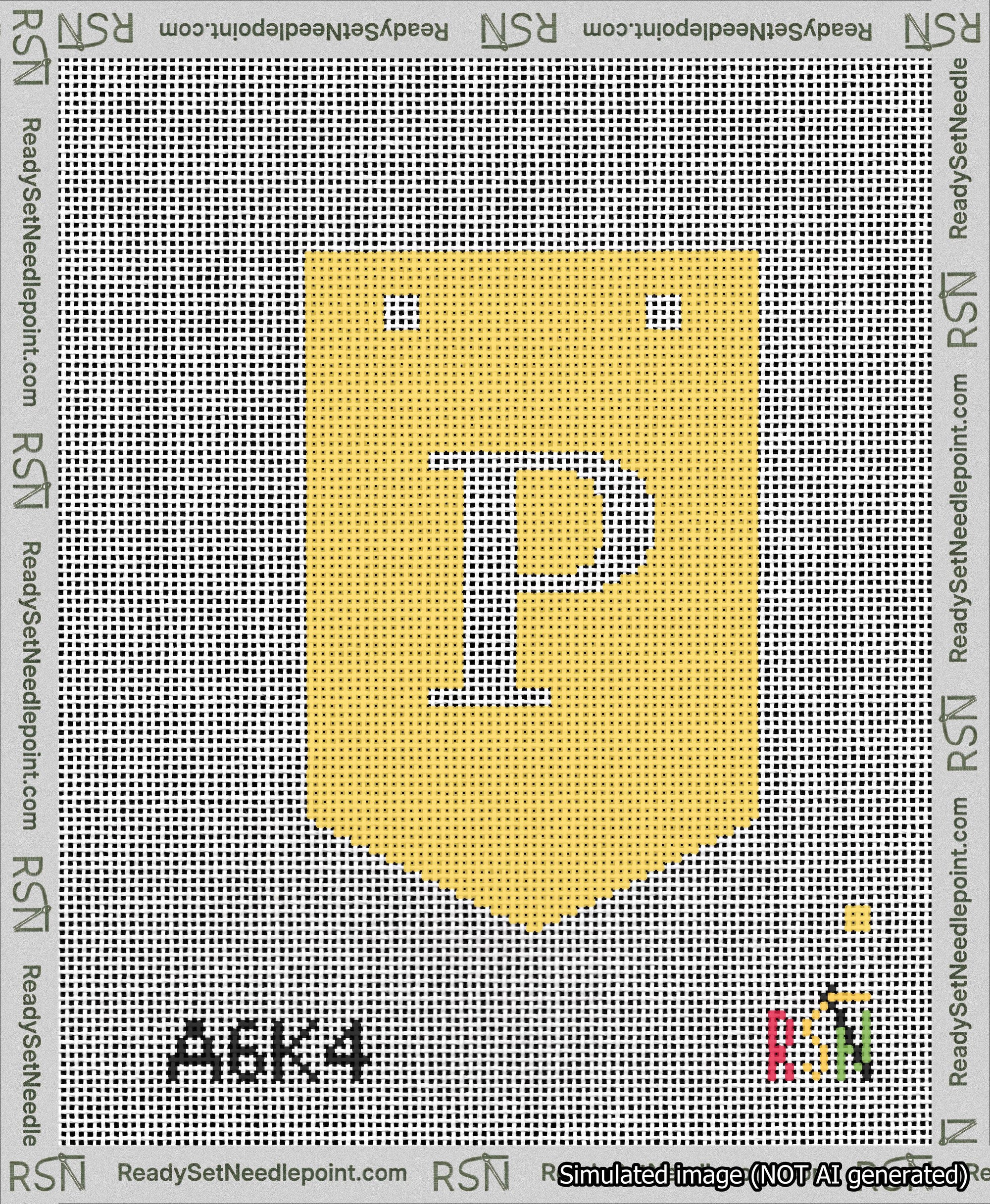 A taped needlepoint canvas with the design: Banner 13 mesh count Pointed P White on Yellow.
