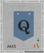 A taped needlepoint canvas with the design: Banner 13 mesh count Pointed Q Black on Blue.