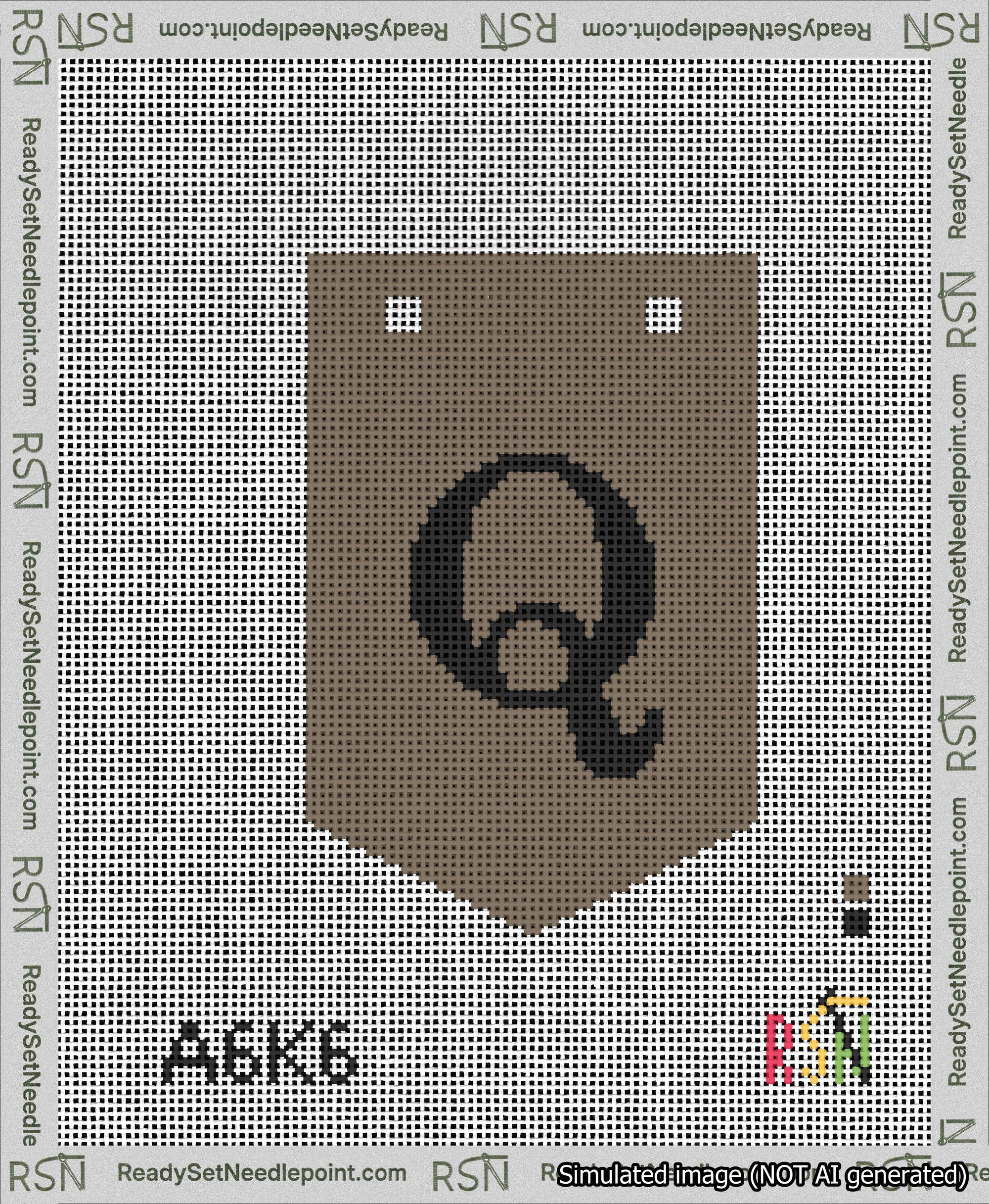 A taped needlepoint canvas with the design: Banner 13 mesh count Pointed Q Black on Brown.