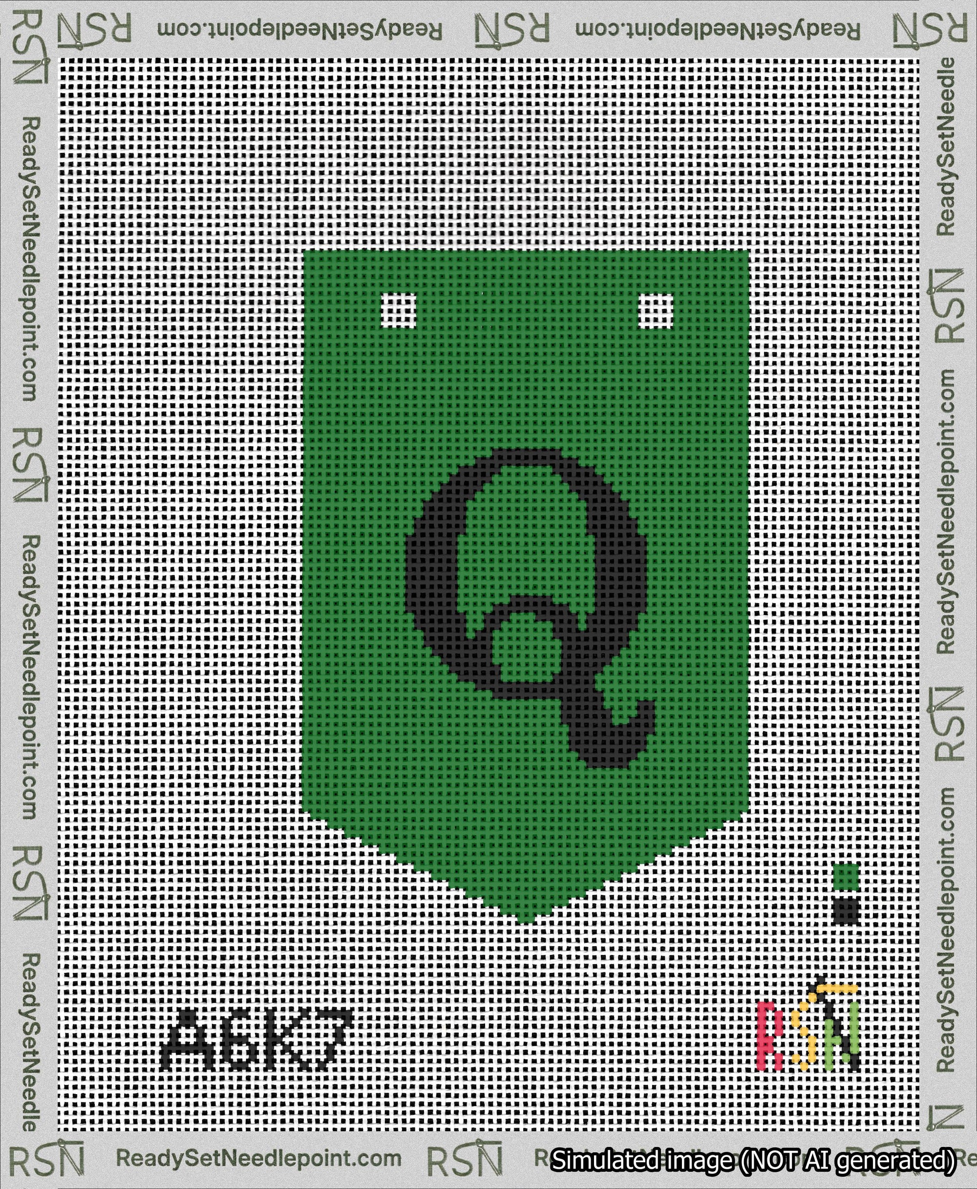 A taped needlepoint canvas with the design: Banner 13 mesh count Pointed Q Black on Green.