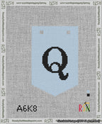 A taped needlepoint canvas with the design: Banner 13 mesh count Pointed Q Black on Light Blue.