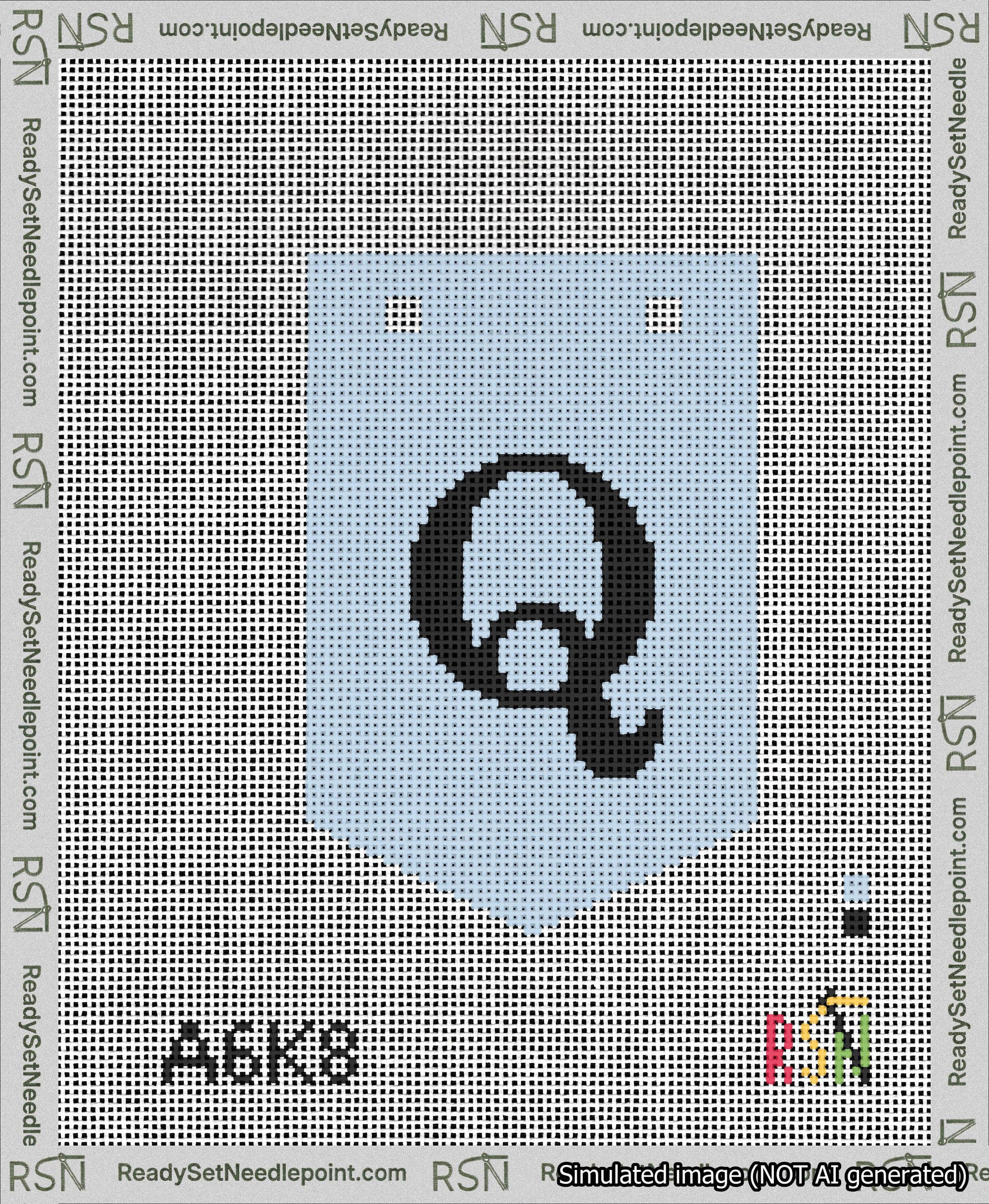 A taped needlepoint canvas with the design: Banner 13 mesh count Pointed Q Black on Light Blue.