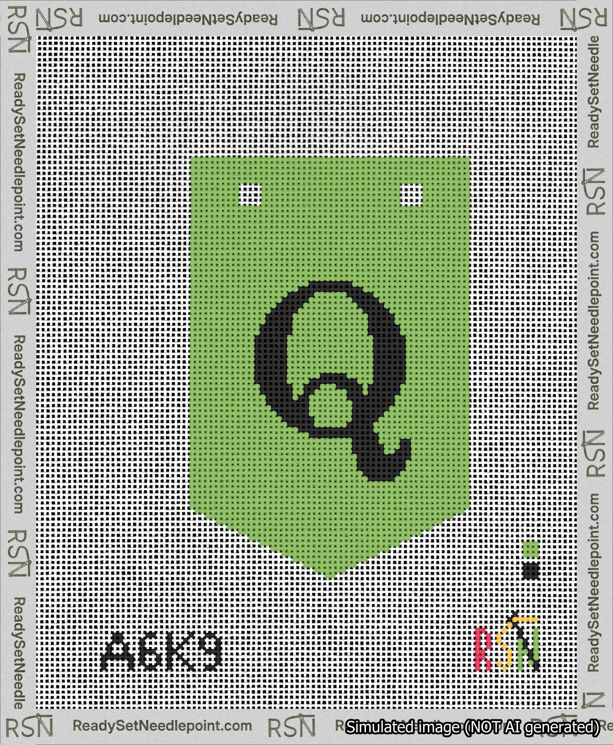 A taped needlepoint canvas with the design: Banner 13 mesh count Pointed Q Black on Light Green.