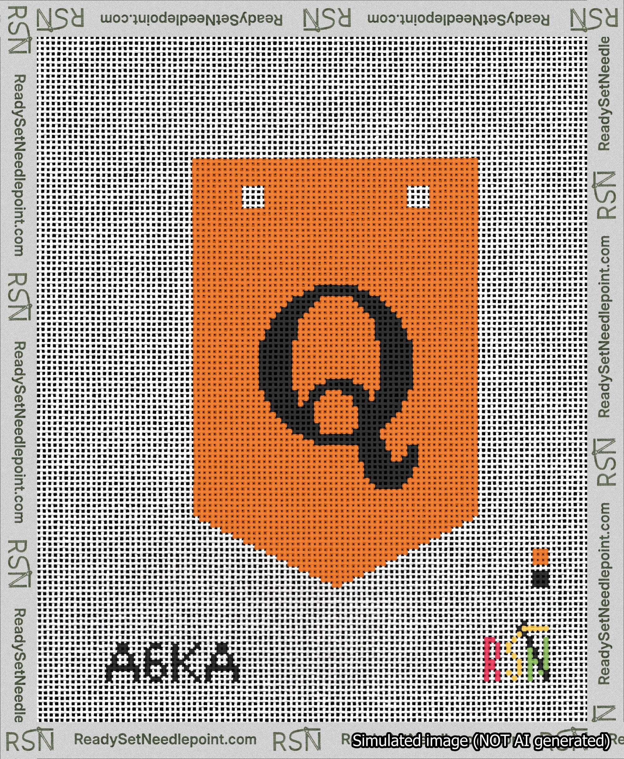 A taped needlepoint canvas with the design: Banner 13 mesh count Pointed Q Black on Orange.