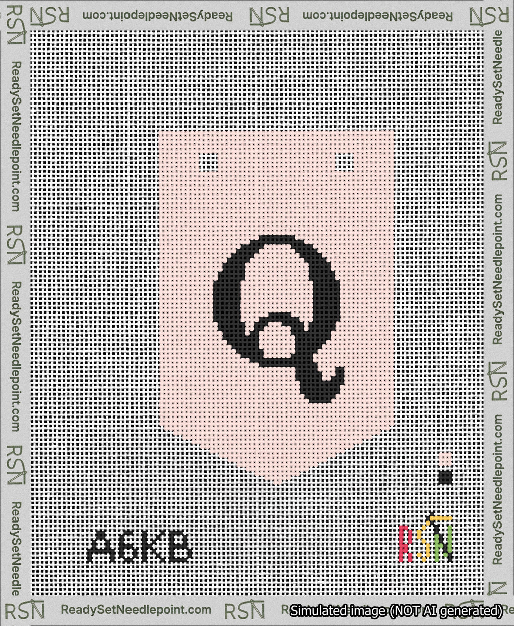 A taped needlepoint canvas with the design: Banner 13 mesh count Pointed Q Black on Pink.