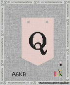 A taped needlepoint canvas with the design: Banner 13 mesh count Pointed Q Black on Pink.