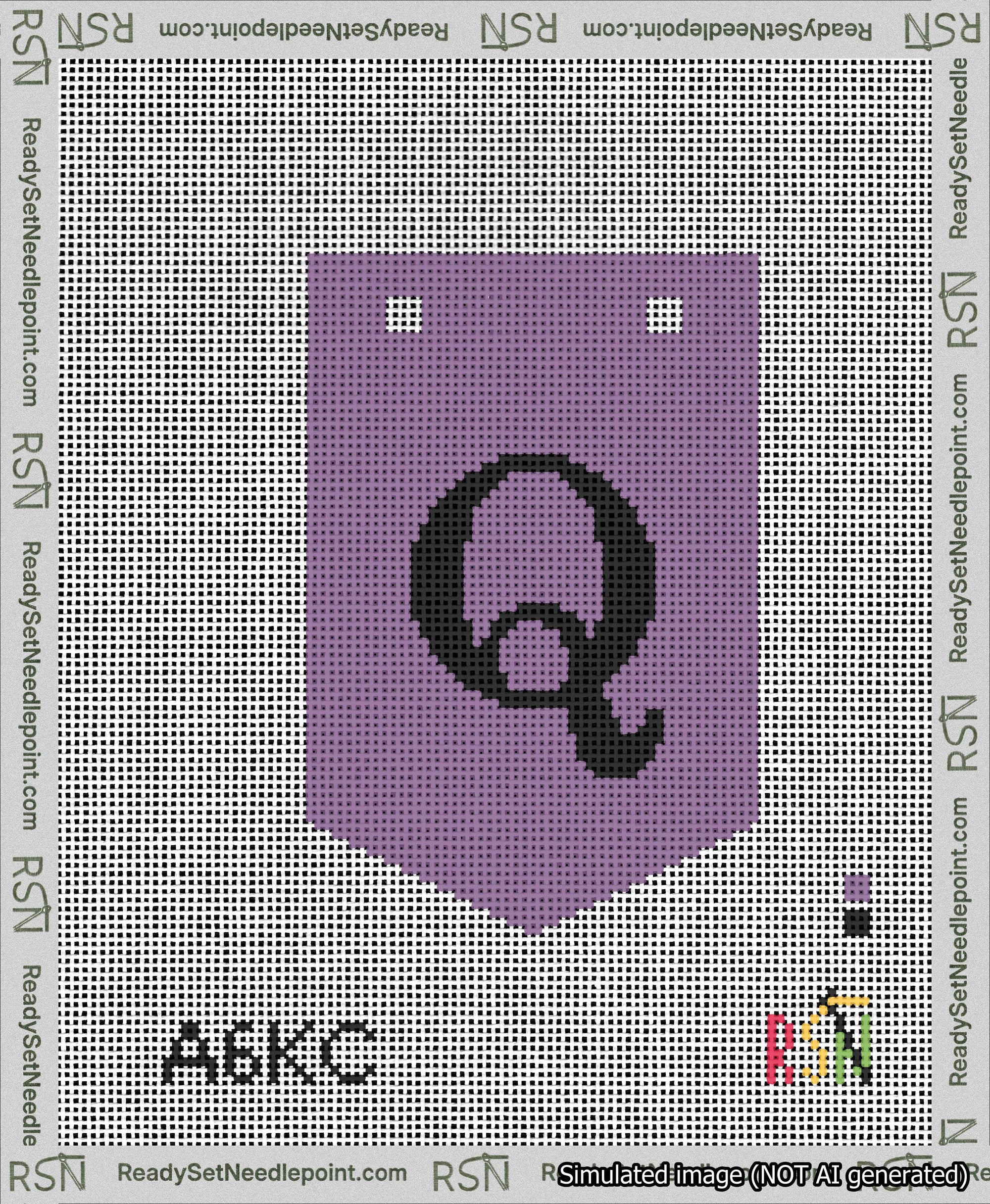 A taped needlepoint canvas with the design: Banner 13 mesh count Pointed Q Black on Purple.