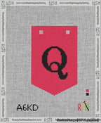A taped needlepoint canvas with the design: Banner 13 mesh count Pointed Q Black on Red.