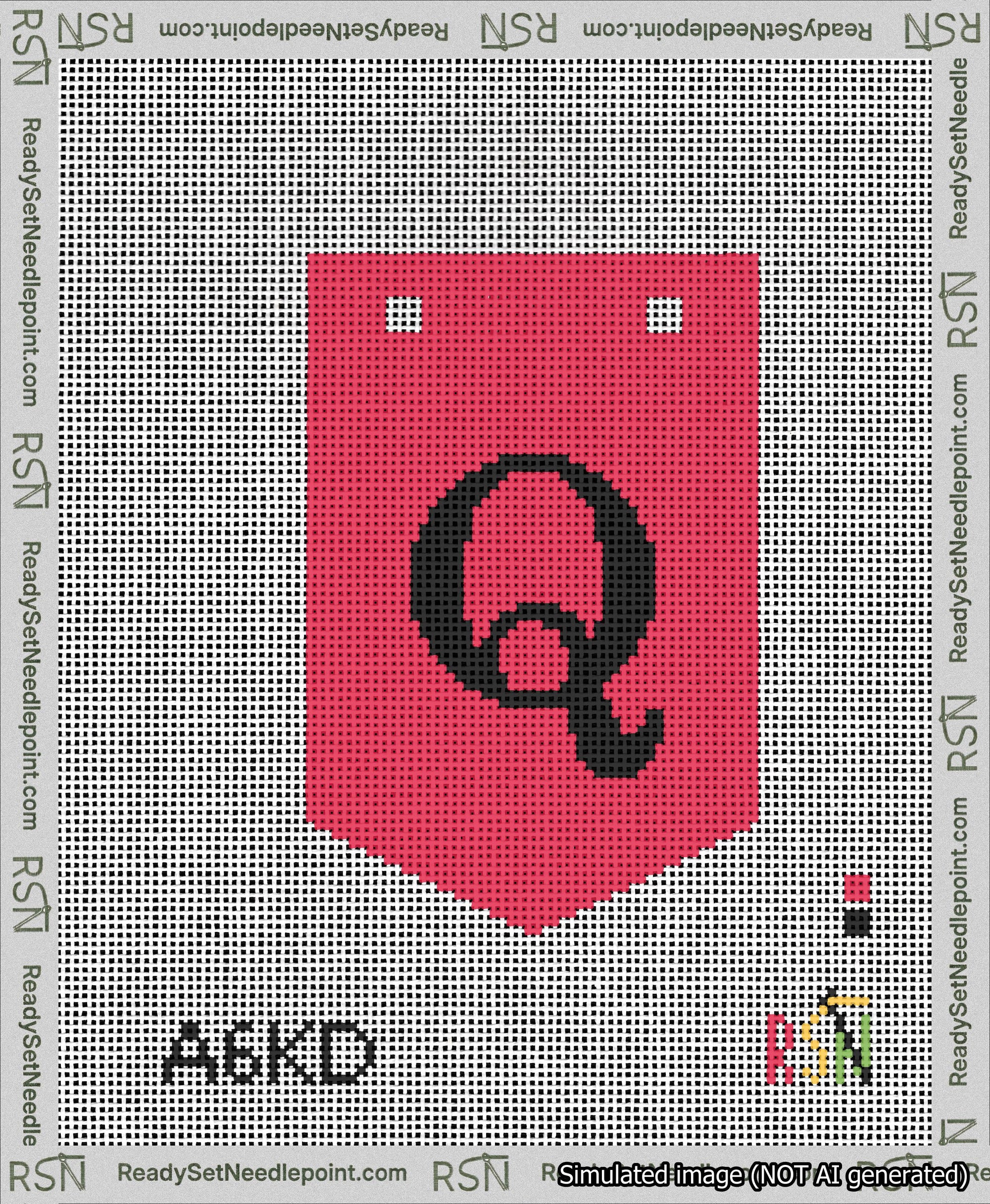 A taped needlepoint canvas with the design: Banner 13 mesh count Pointed Q Black on Red.