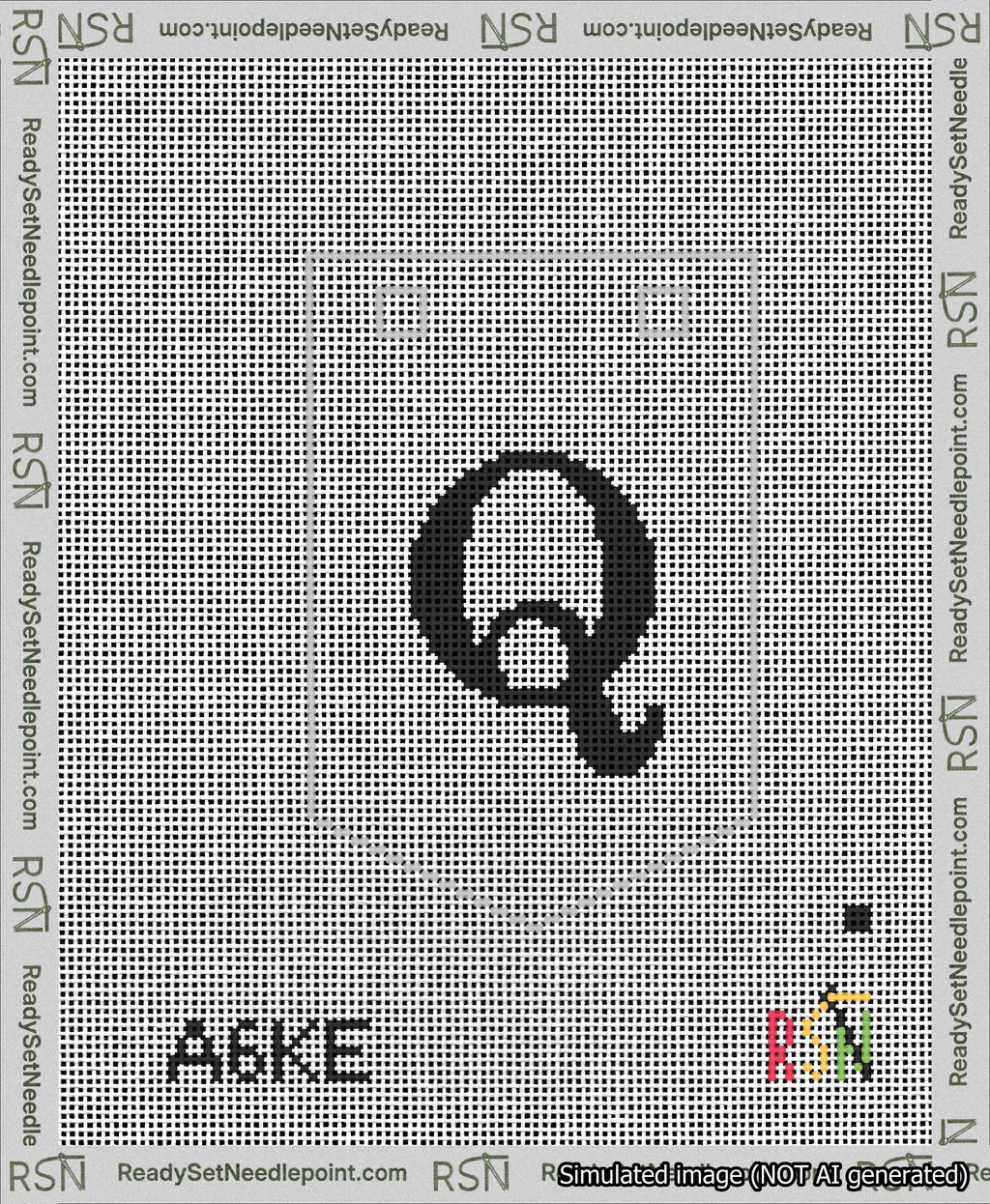 A taped needlepoint canvas with the design: Banner 13 mesh count Pointed Q Black on White.