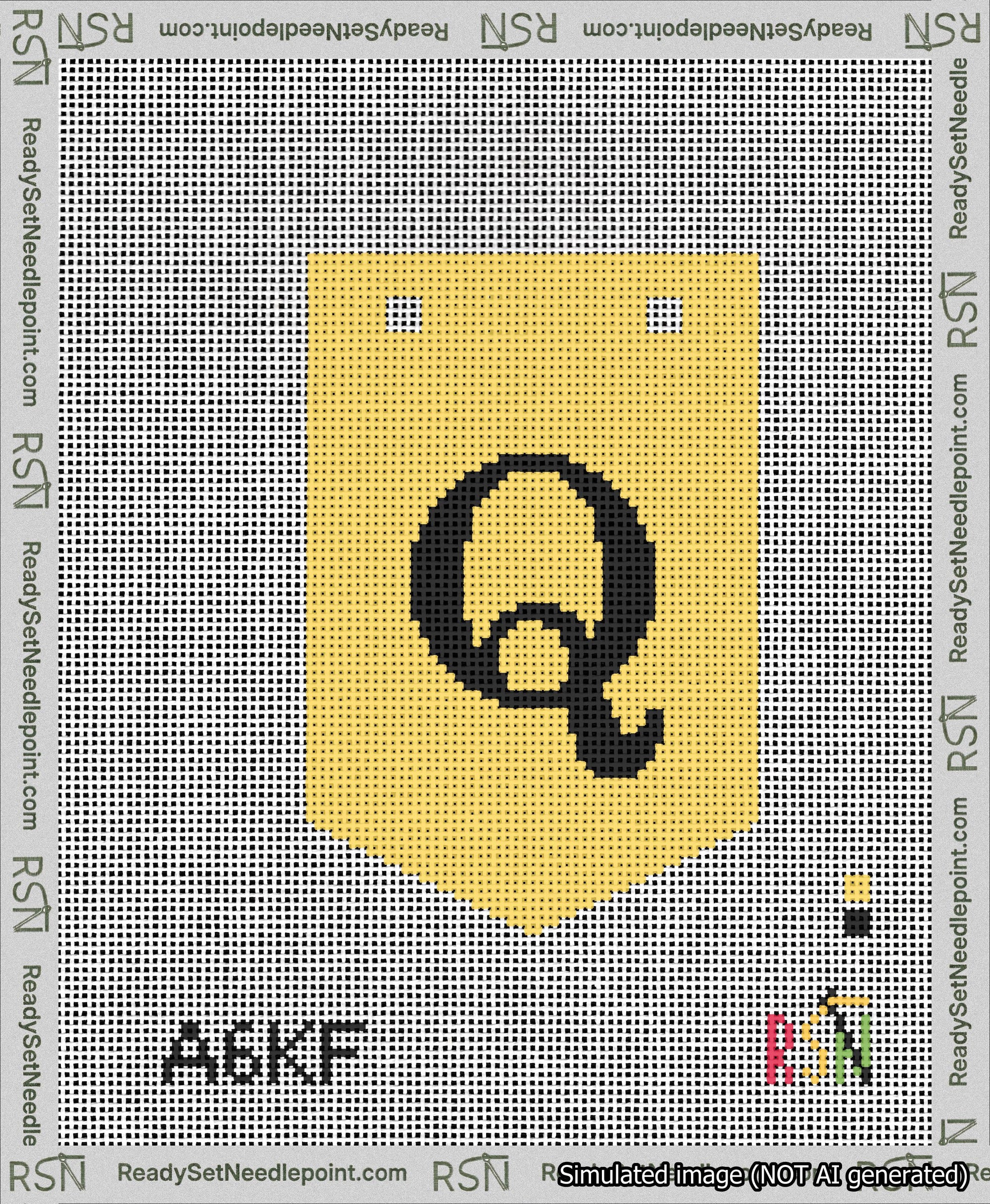 A taped needlepoint canvas with the design: Banner 13 mesh count Pointed Q Black on Yellow.