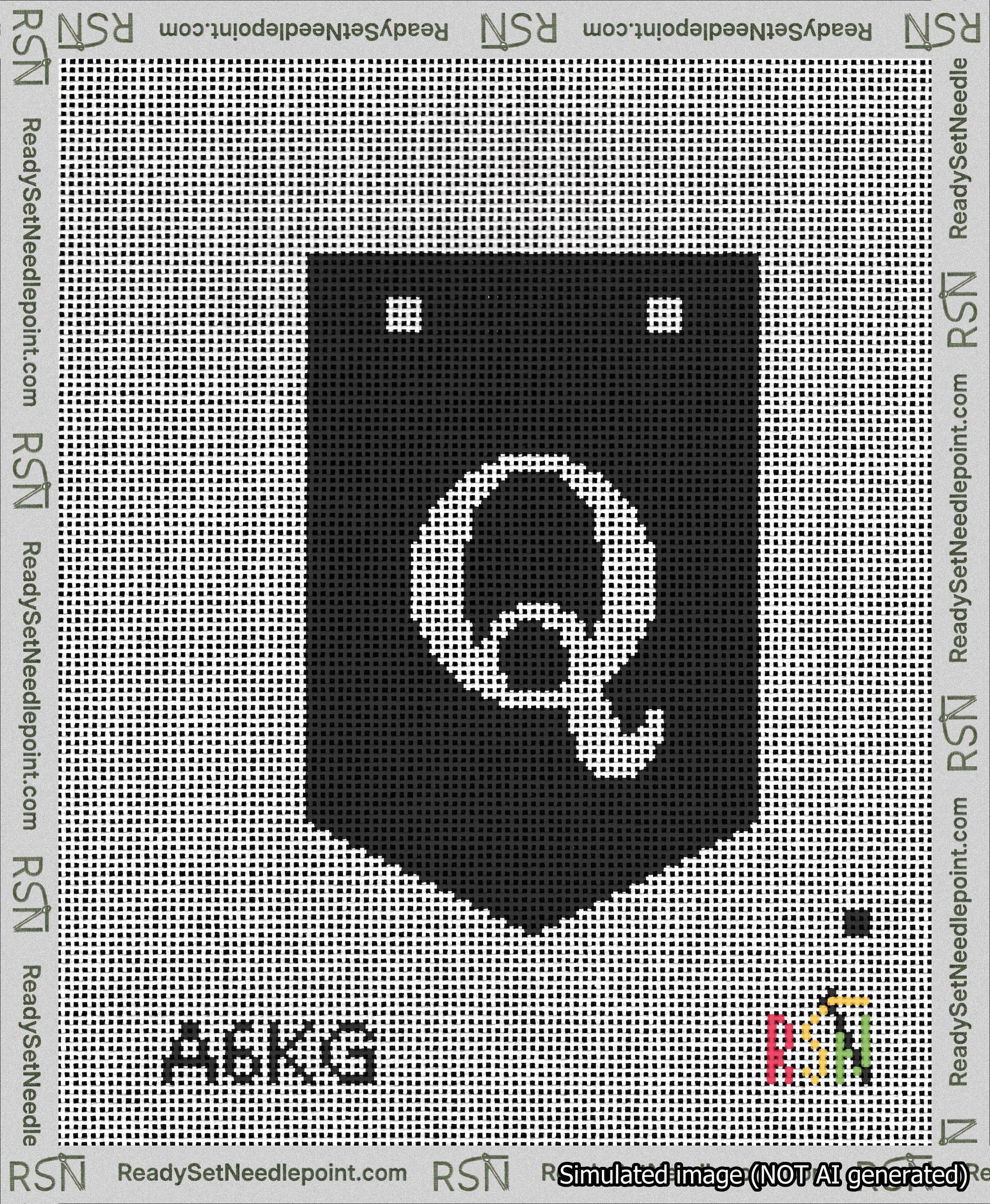 A taped needlepoint canvas with the design: Banner 13 mesh count Pointed Q White on Black.