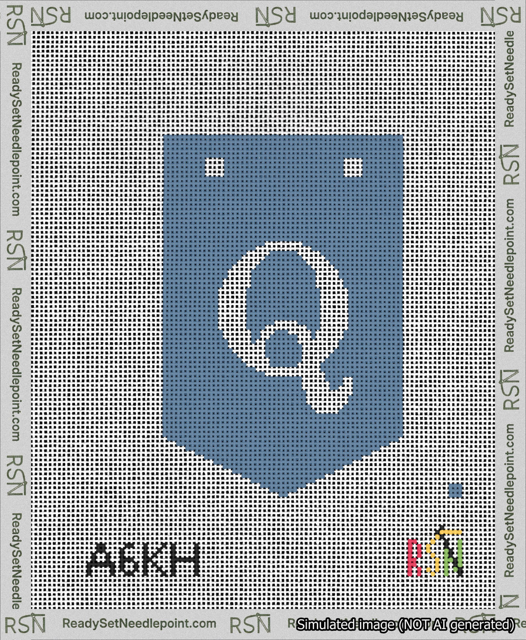 A taped needlepoint canvas with the design: Banner 13 mesh count Pointed Q White on Blue.