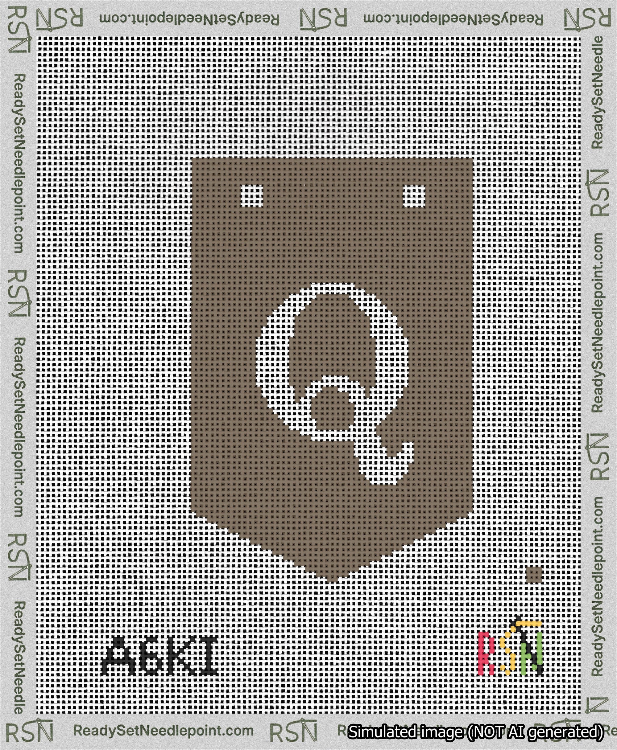 A taped needlepoint canvas with the design: Banner 13 mesh count Pointed Q White on Brown.