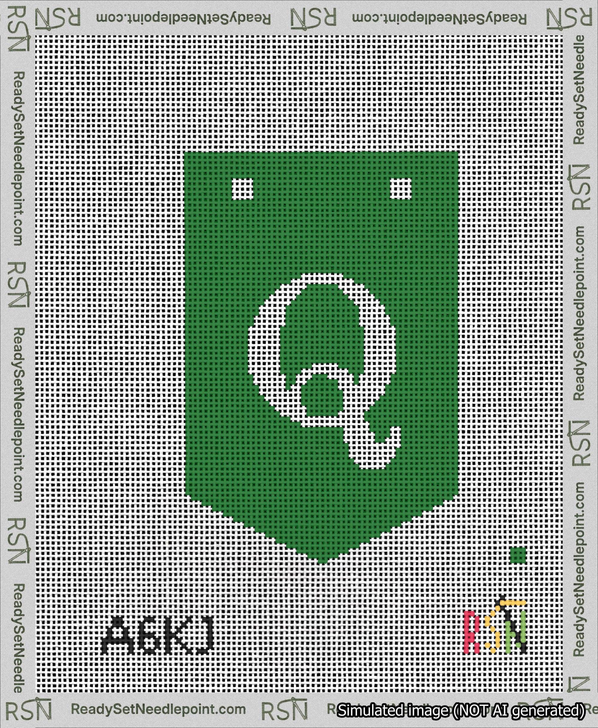 A taped needlepoint canvas with the design: Banner 13 mesh count Pointed Q White on Green.