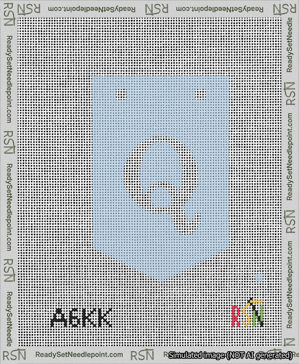 A taped needlepoint canvas with the design: Banner 13 mesh count Pointed Q White on Light Blue.