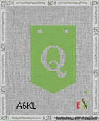 A taped needlepoint canvas with the design: Banner 13 mesh count Pointed Q White on Light Green.