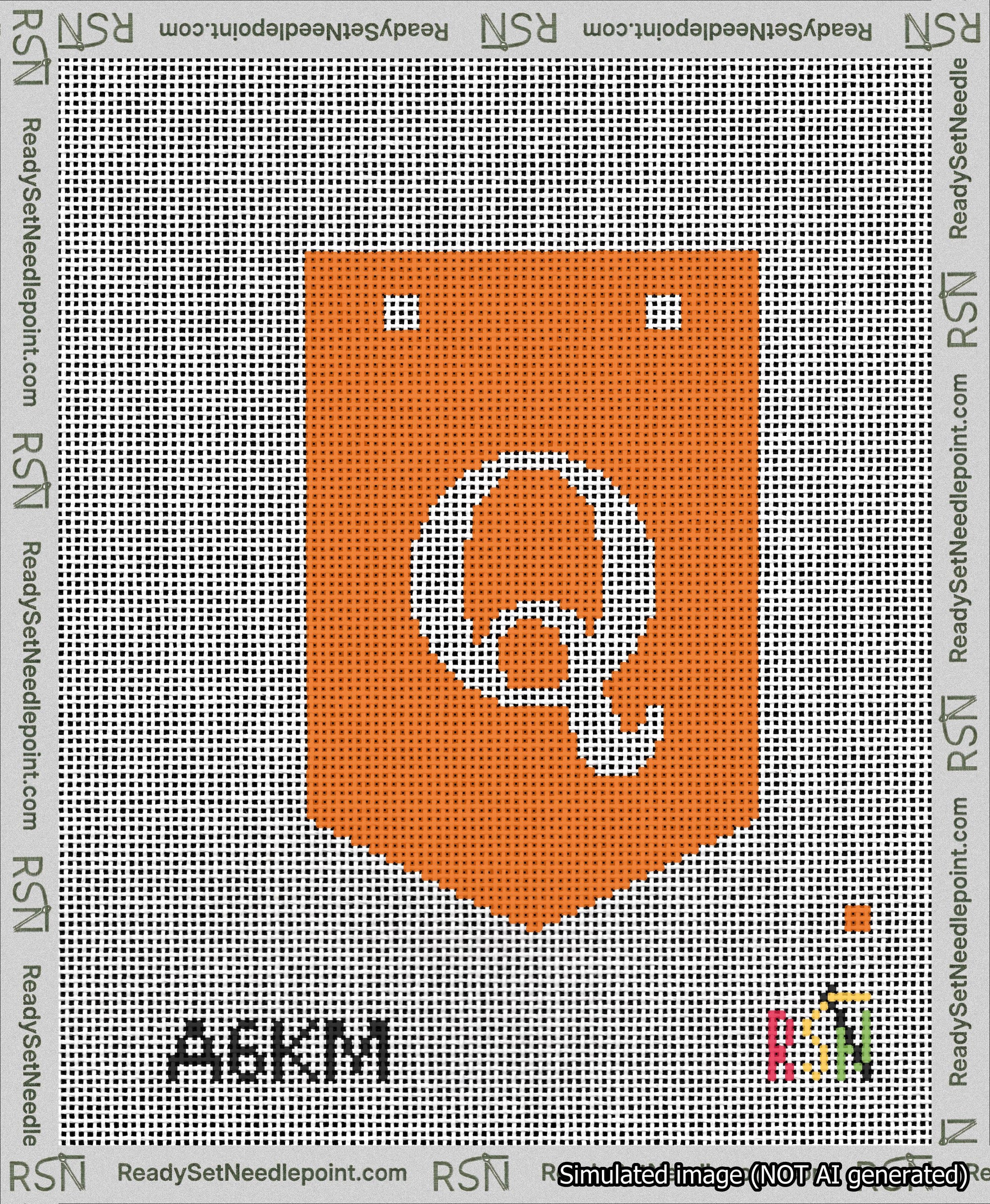 A taped needlepoint canvas with the design: Banner 13 mesh count Pointed Q White on Orange.