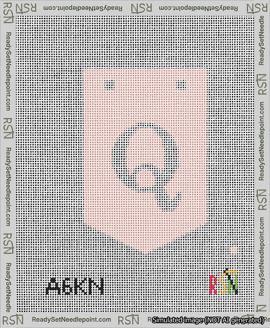 A taped needlepoint canvas with the design: Banner 13 mesh count Pointed Q White on Pink.
