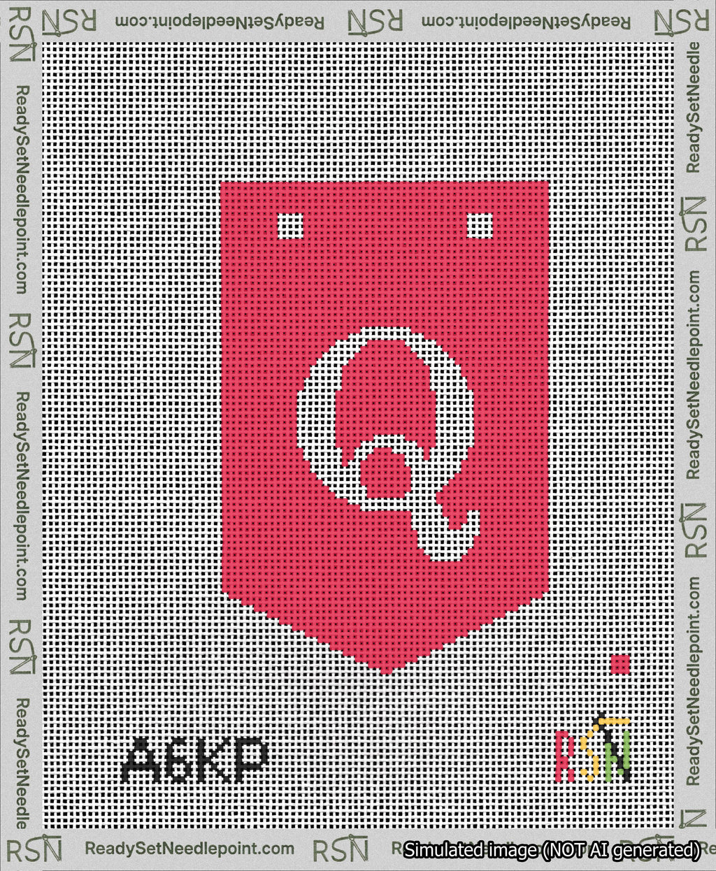 A taped needlepoint canvas with the design: Banner 13 mesh count Pointed Q White on Red.
