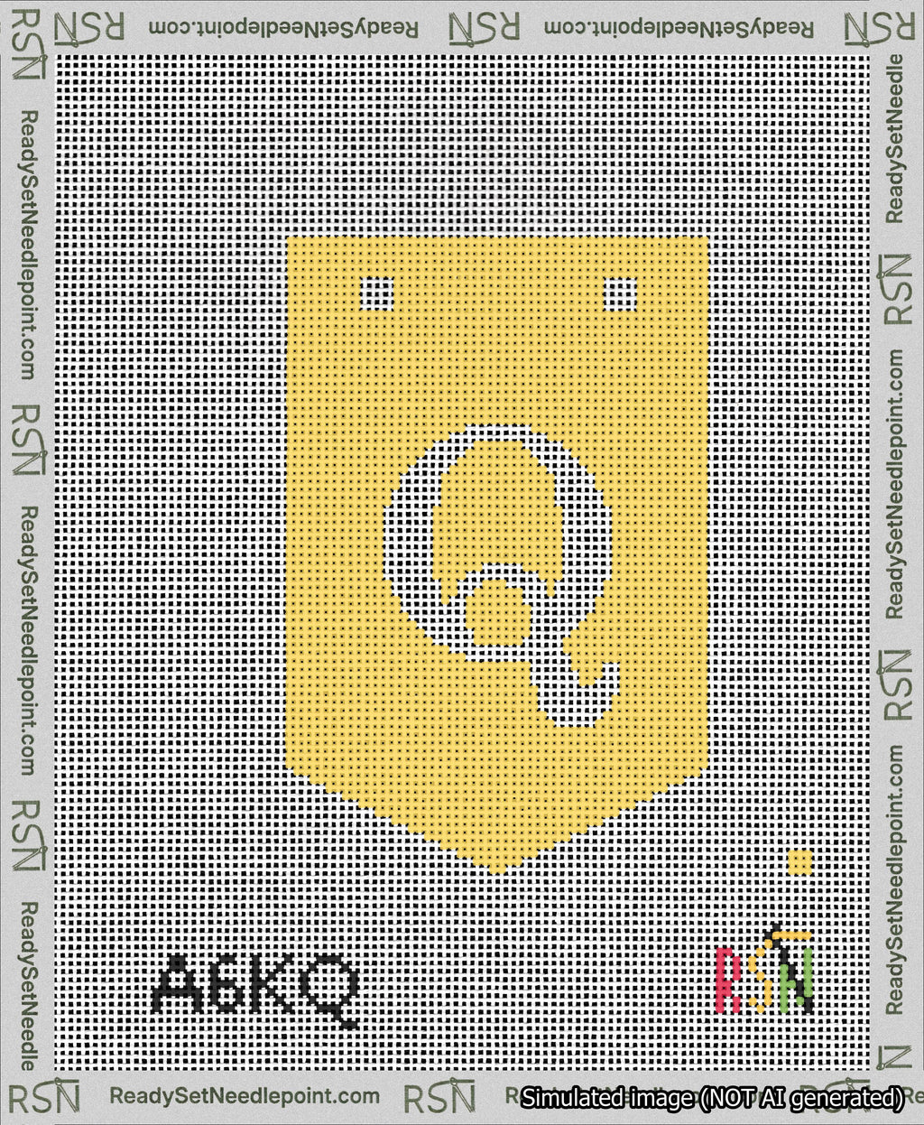 A taped needlepoint canvas with the design: Banner 13 mesh count Pointed Q White on Yellow.