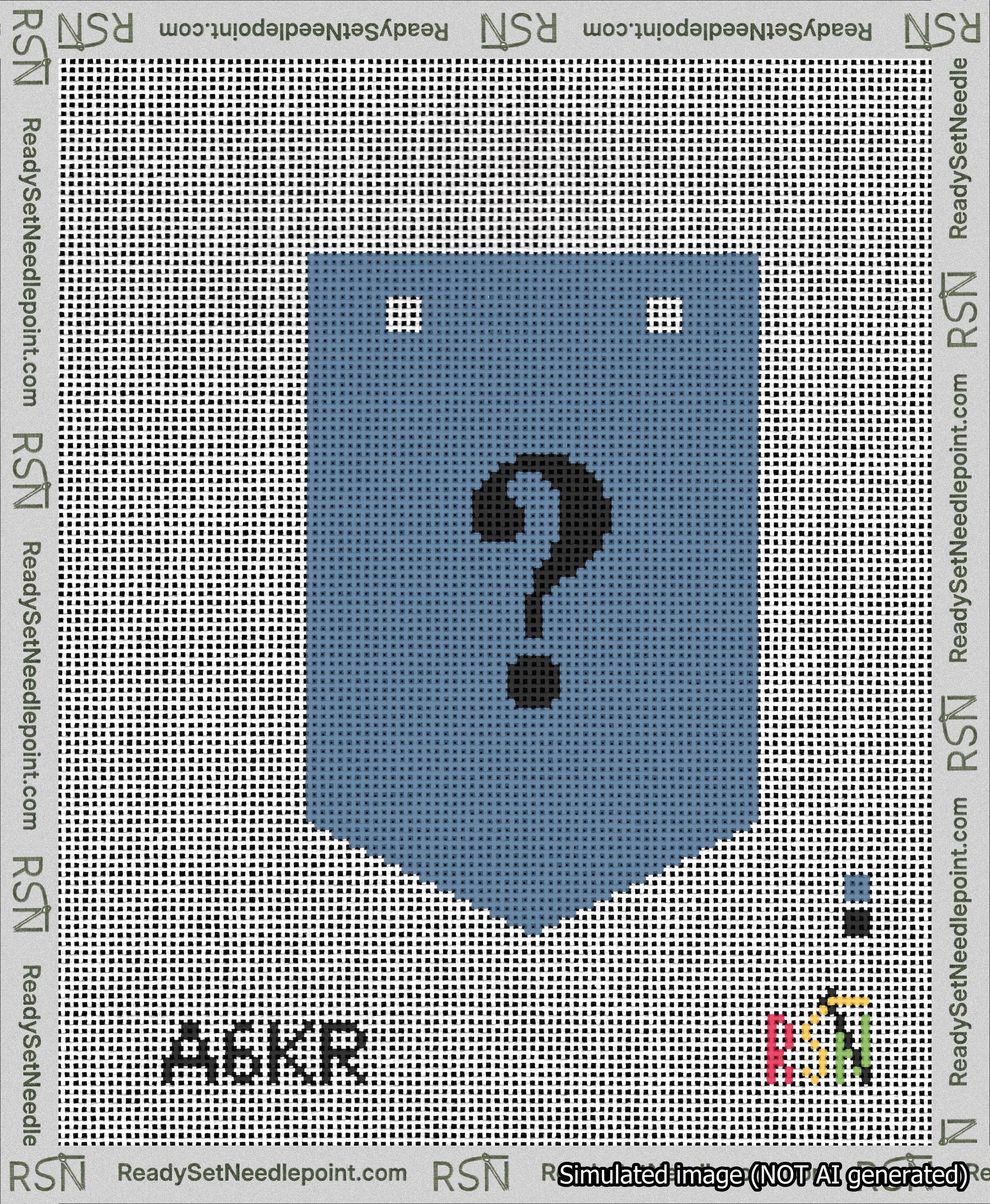 A taped needlepoint canvas with the design: Banner 13 mesh count Pointed Question Black on Blue.