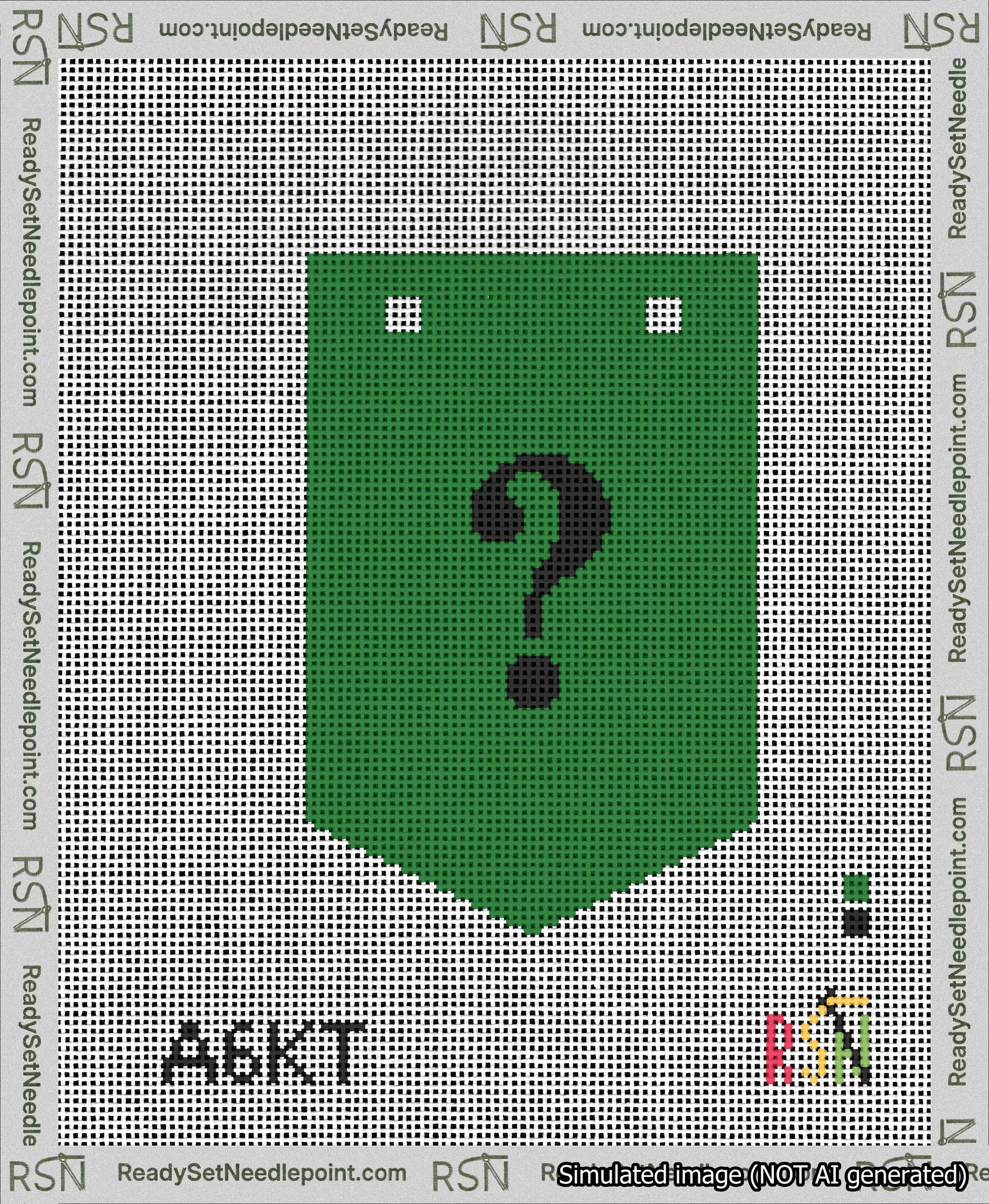 A taped needlepoint canvas with the design: Banner 13 mesh count Pointed Question Black on Green.