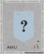 A taped needlepoint canvas with the design: Banner 13 mesh count Pointed Question Black on Light Blue.