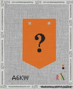 A taped needlepoint canvas with the design: Banner 13 mesh count Pointed Question Black on Orange.