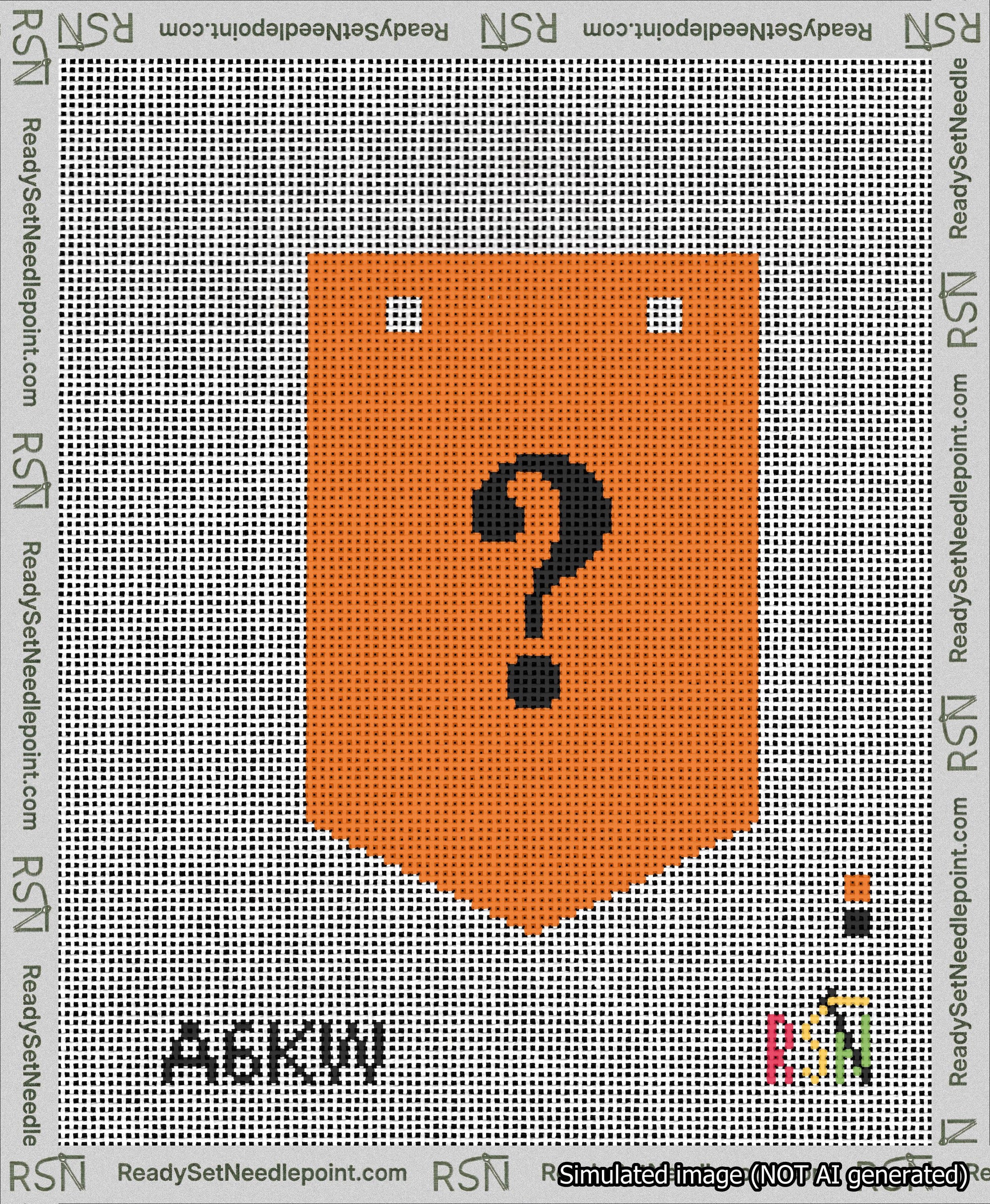 A taped needlepoint canvas with the design: Banner 13 mesh count Pointed Question Black on Orange.