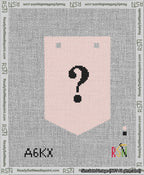 A taped needlepoint canvas with the design: Banner 13 mesh count Pointed Question Black on Pink.
