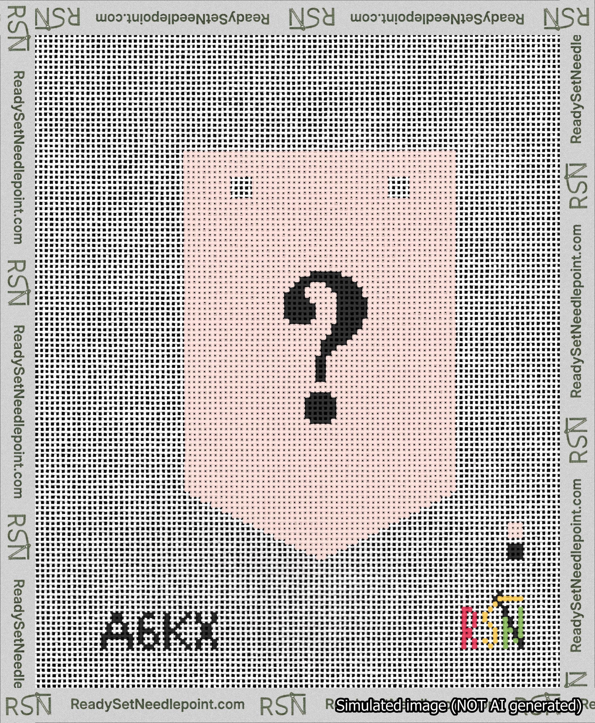 A taped needlepoint canvas with the design: Banner 13 mesh count Pointed Question Black on Pink.