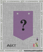 A taped needlepoint canvas with the design: Banner 13 mesh count Pointed Question Black on Purple.