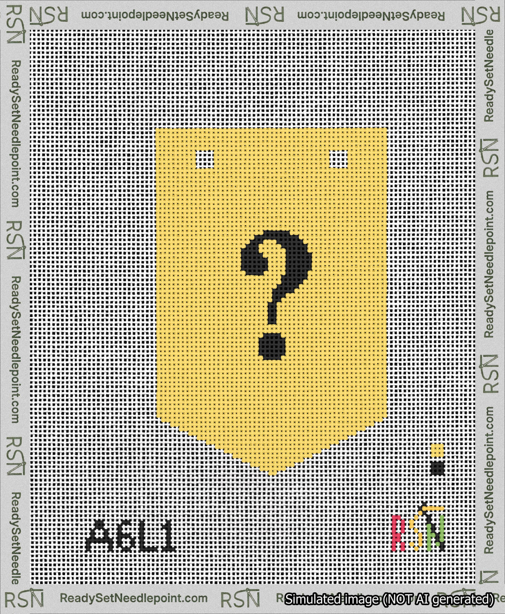 A taped needlepoint canvas with the design: Banner 13 mesh count Pointed Question Black on Yellow.