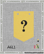 A taped needlepoint canvas with the design: Banner 13 mesh count Pointed Question Black on Yellow.