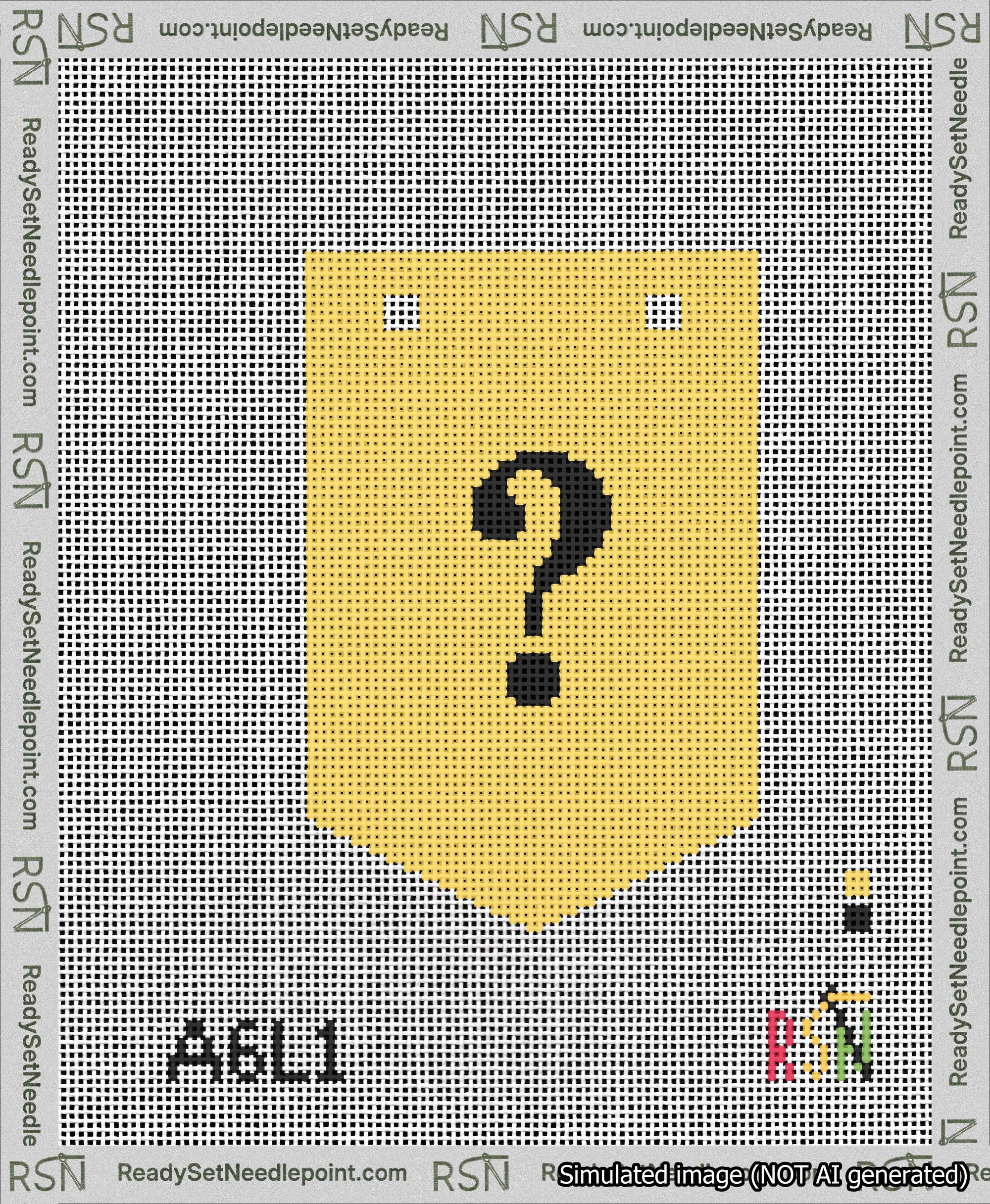 A taped needlepoint canvas with the design: Banner 13 mesh count Pointed Question Black on Yellow.