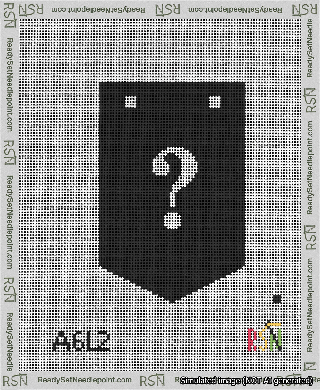 A taped needlepoint canvas with the design: Banner 13 mesh count Pointed Question White on Black.