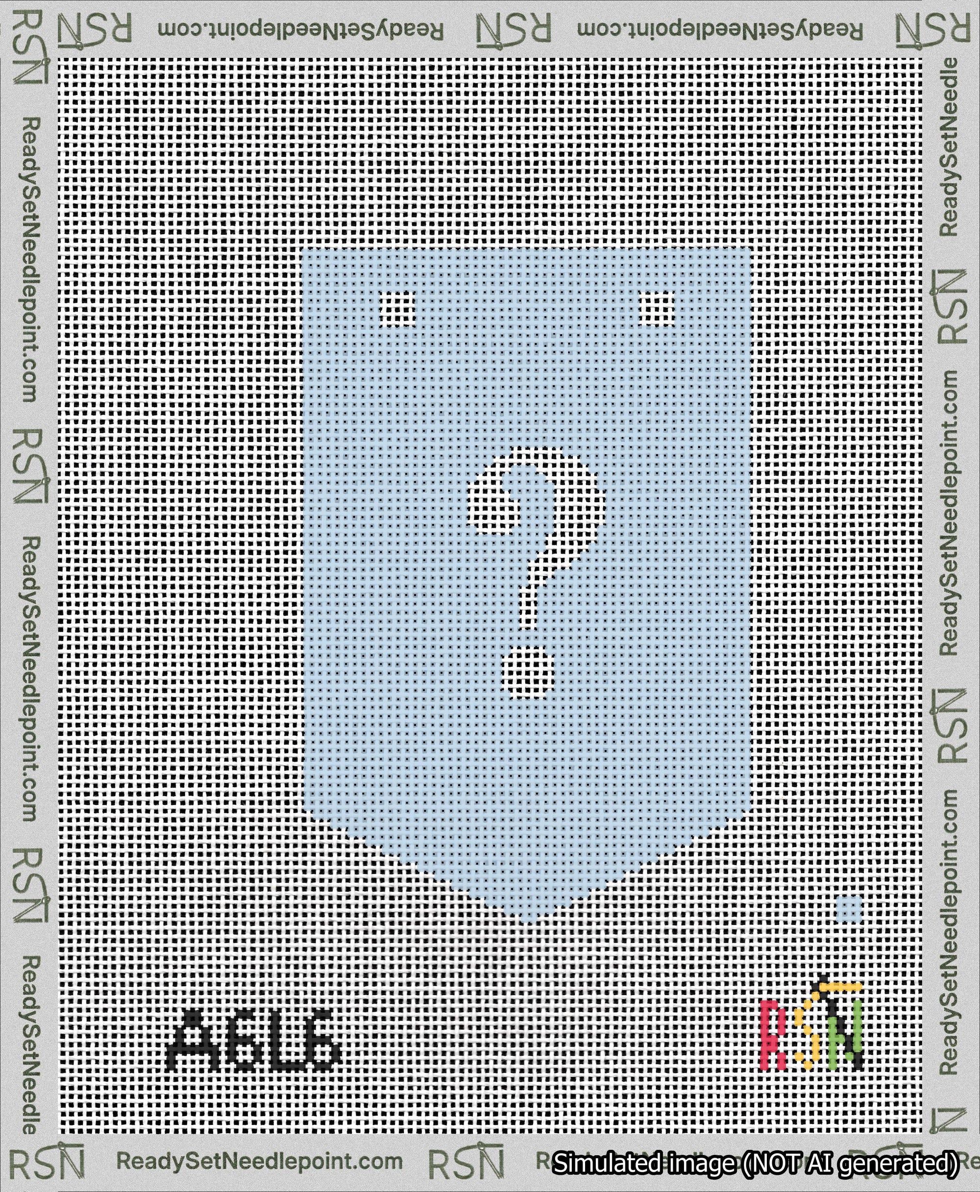 A taped needlepoint canvas with the design: Banner 13 mesh count Pointed Question White on Light Blue.