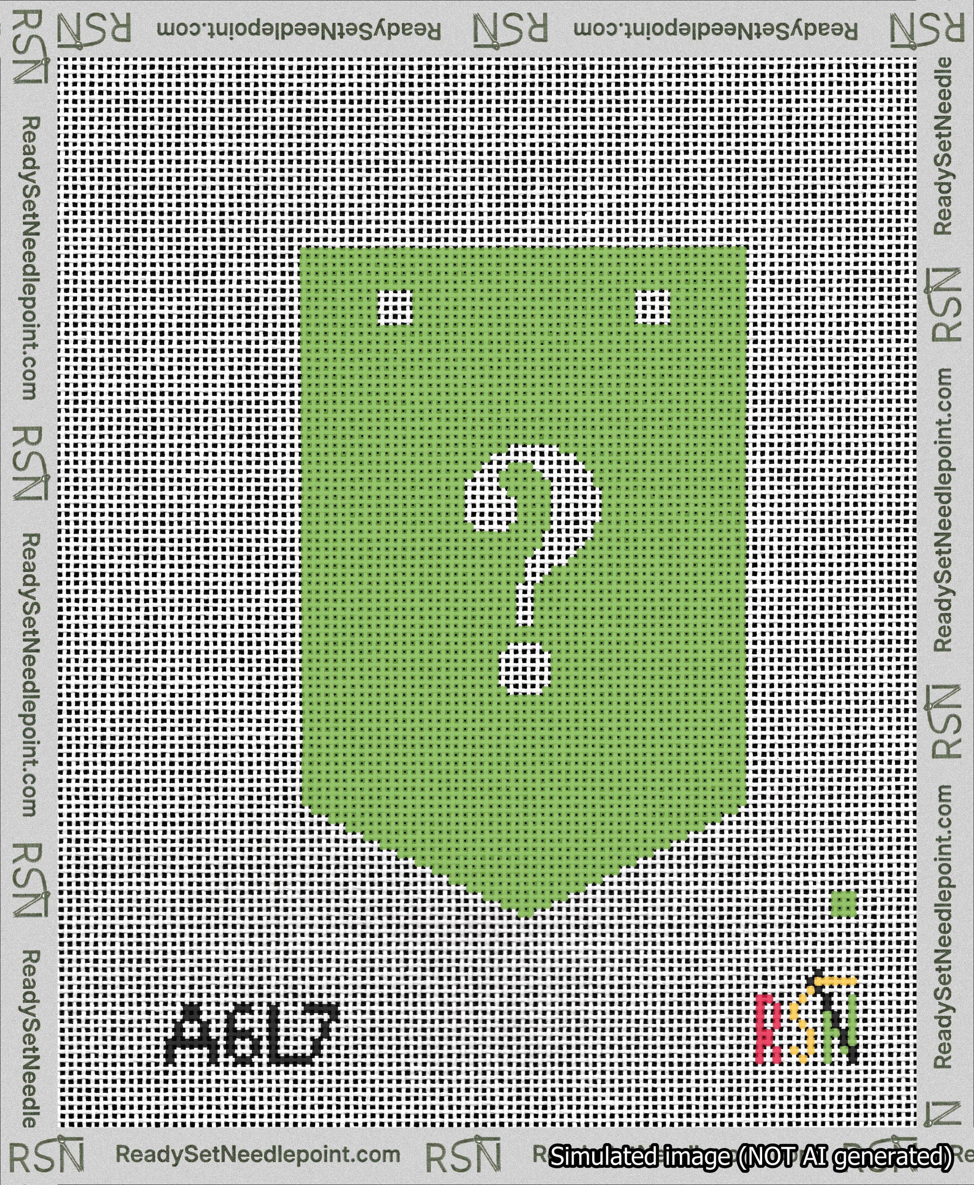 A taped needlepoint canvas with the design: Banner 13 mesh count Pointed Question White on Light Green.