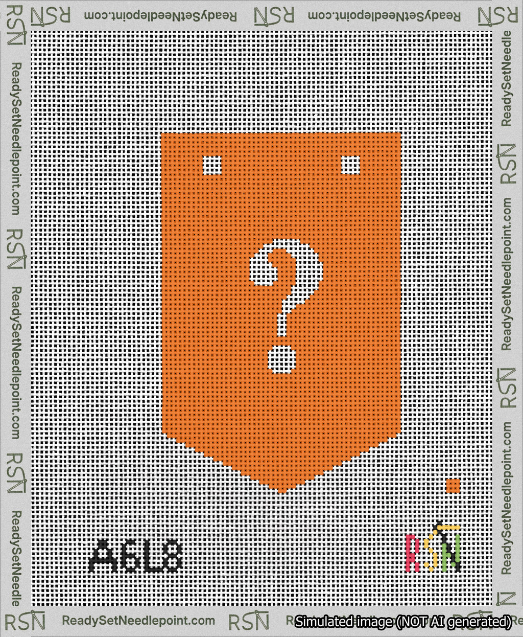 A taped needlepoint canvas with the design: Banner 13 mesh count Pointed Question White on Orange.
