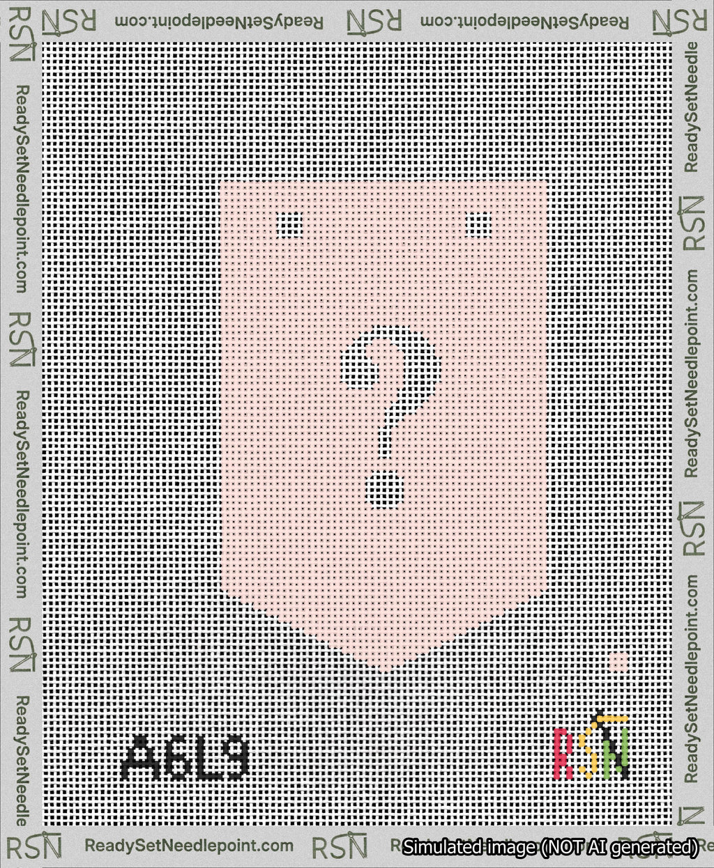 A taped needlepoint canvas with the design: Banner 13 mesh count Pointed Question White on Pink.