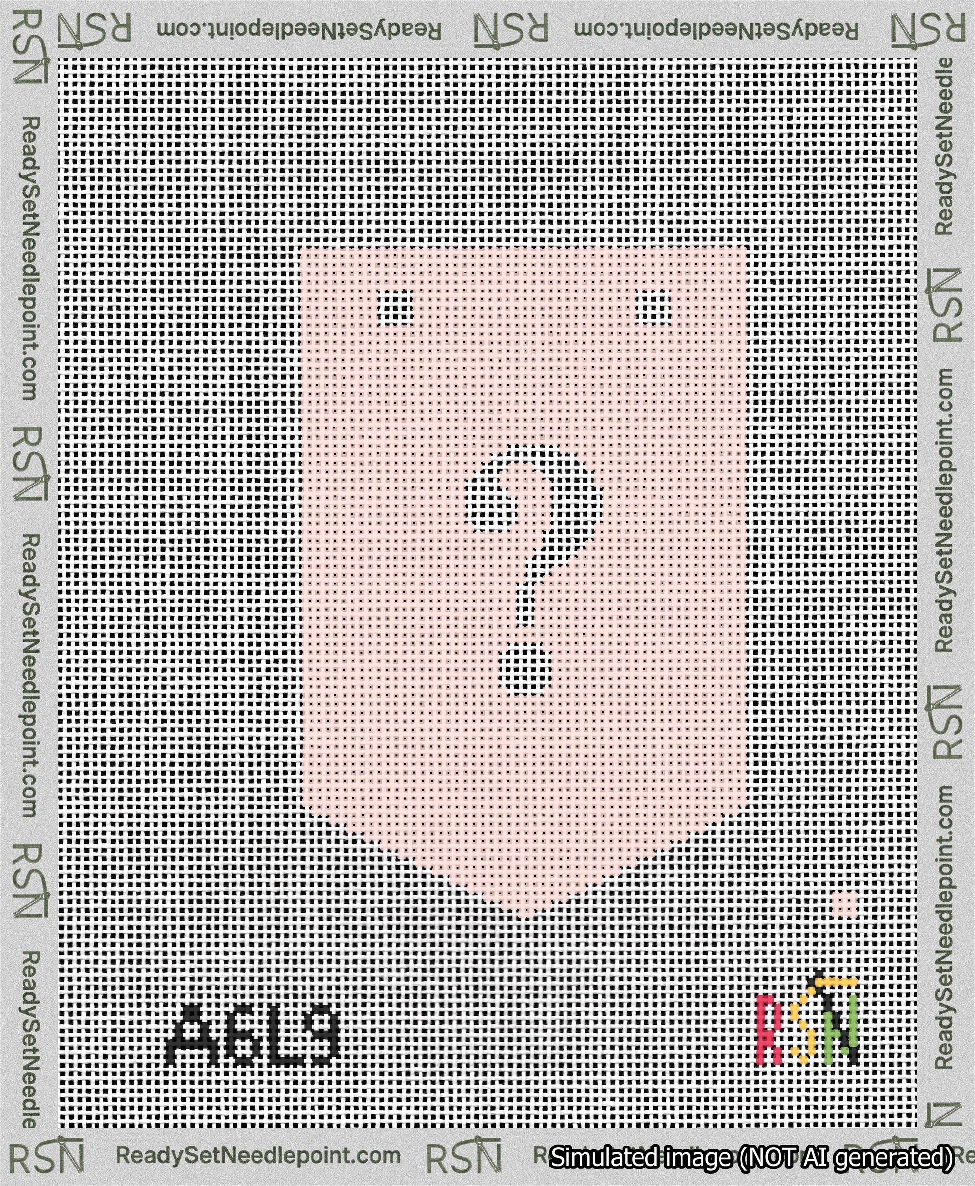 A taped needlepoint canvas with the design: Banner 13 mesh count Pointed Question White on Pink.