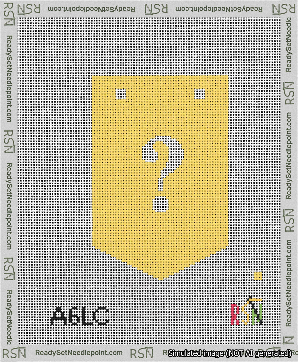 A taped needlepoint canvas with the design: Banner 13 mesh count Pointed Question White on Yellow.