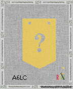 A taped needlepoint canvas with the design: Banner 13 mesh count Pointed Question White on Yellow.