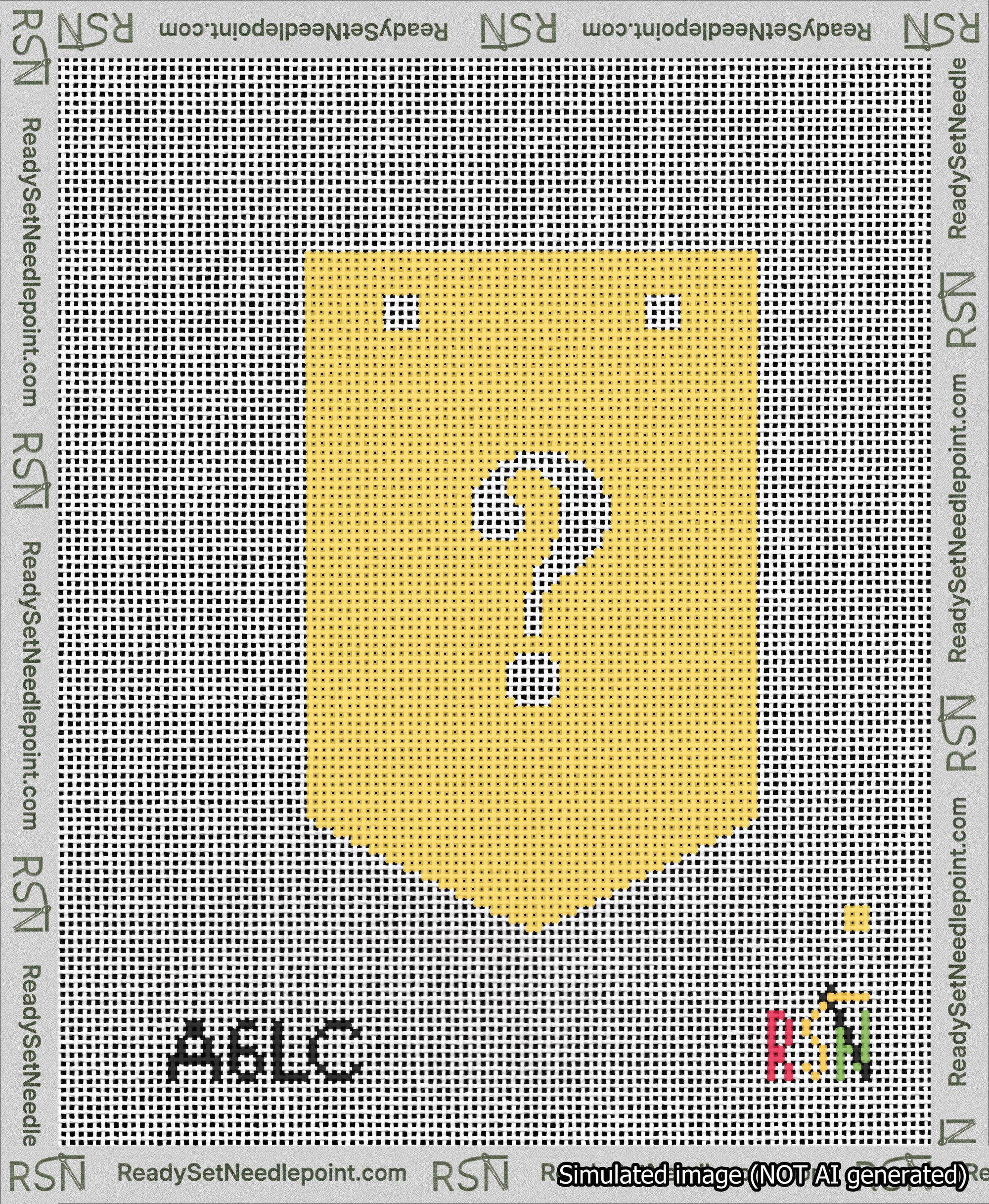 A taped needlepoint canvas with the design: Banner 13 mesh count Pointed Question White on Yellow.