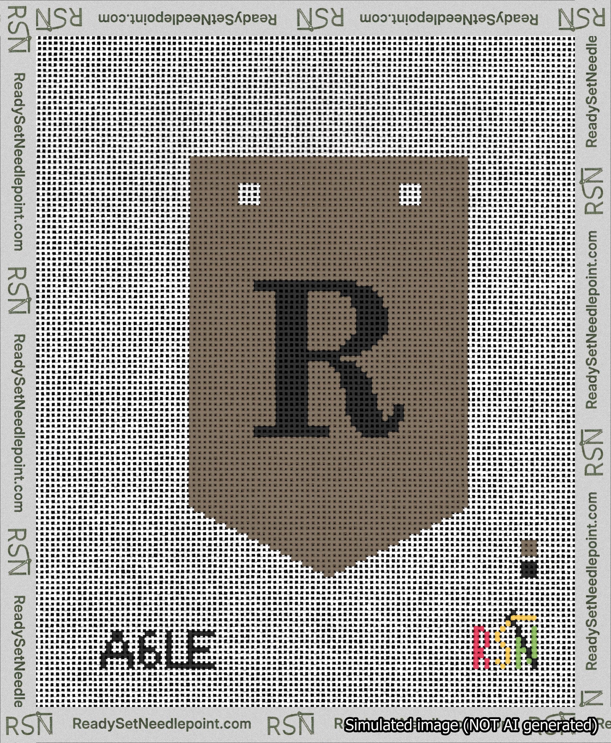 A taped needlepoint canvas with the design: Banner 13 mesh count Pointed R Black on Brown.