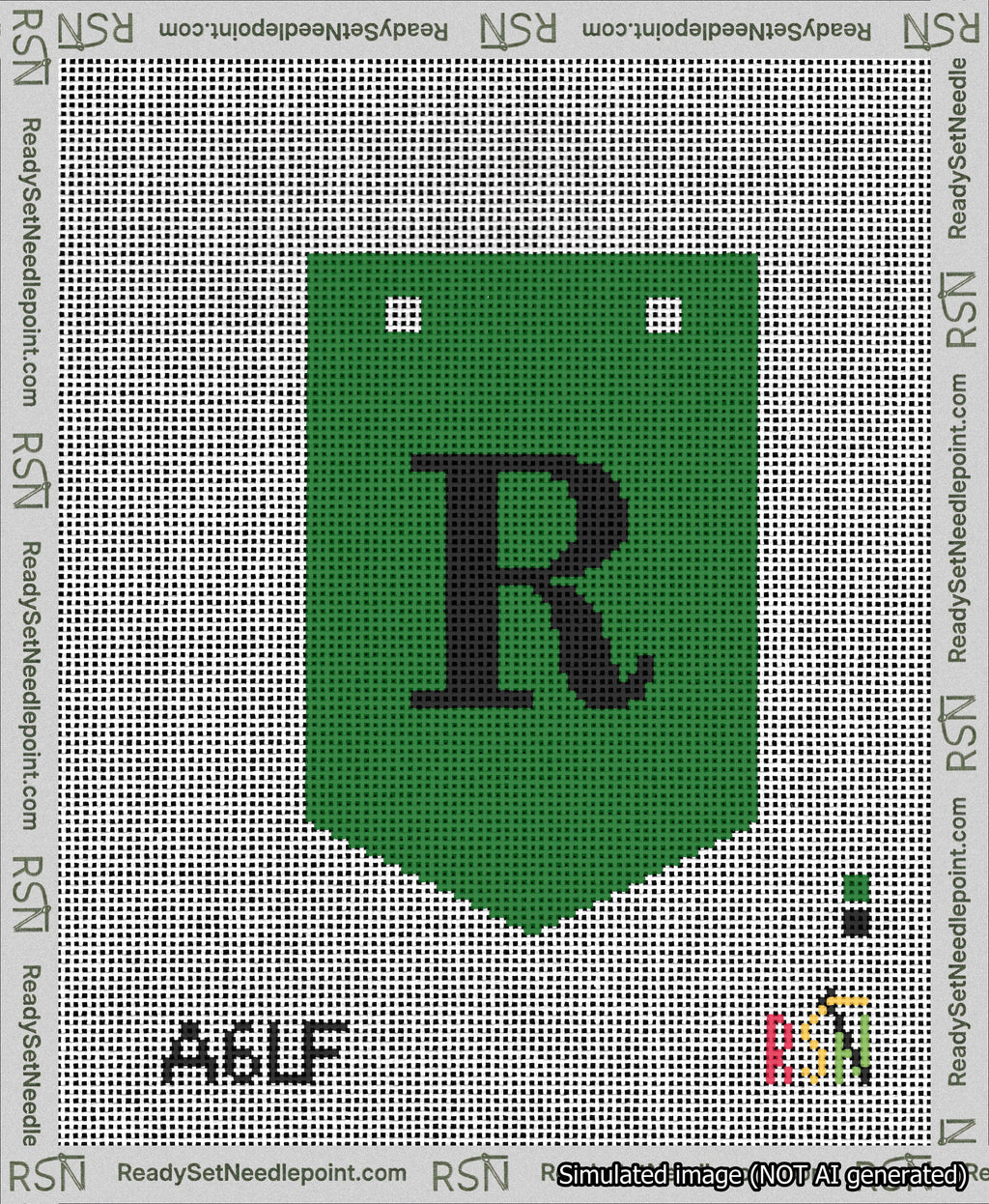 A taped needlepoint canvas with the design: Banner 13 mesh count Pointed R Black on Green.