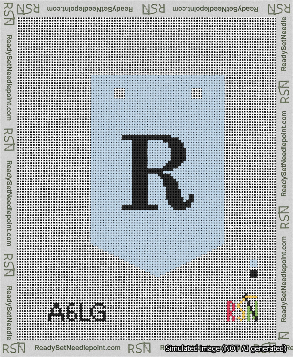 A taped needlepoint canvas with the design: Banner 13 mesh count Pointed R Black on Light Blue.