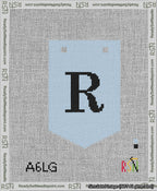 A taped needlepoint canvas with the design: Banner 13 mesh count Pointed R Black on Light Blue.